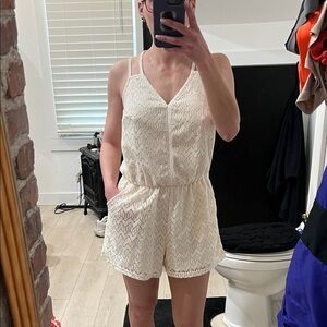 Cream Lace Romper with Spaghetti Straps